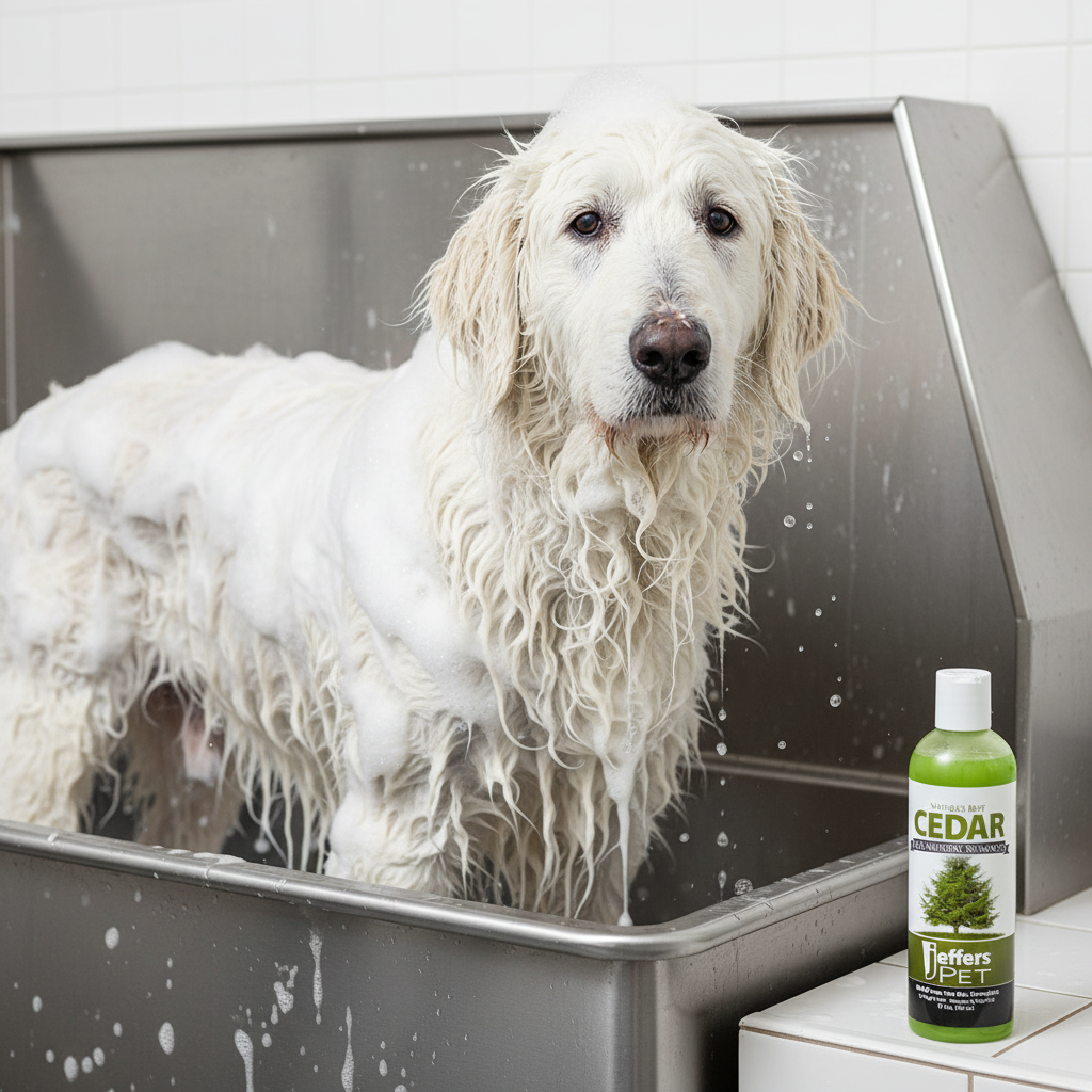 Flea bite relief pet shampoo bottle with green label beside a dog bath tub.