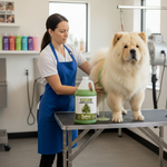 Flea bite relief pet shampoo bottle with green label on grooming table near a dog.