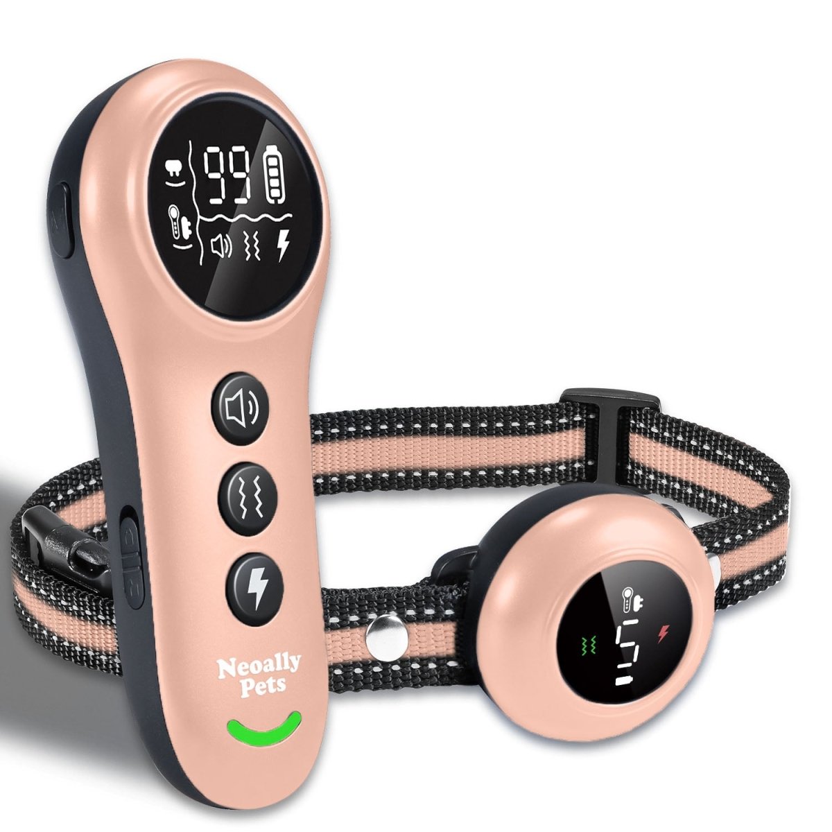 Dog training collar remote and receiver with adjustable woven strap, pink