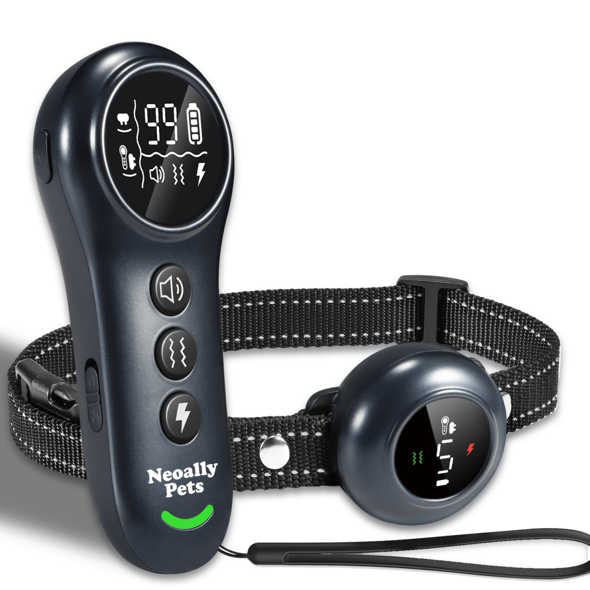 Dog training collar remote and receiver with adjustable fabric strap, black