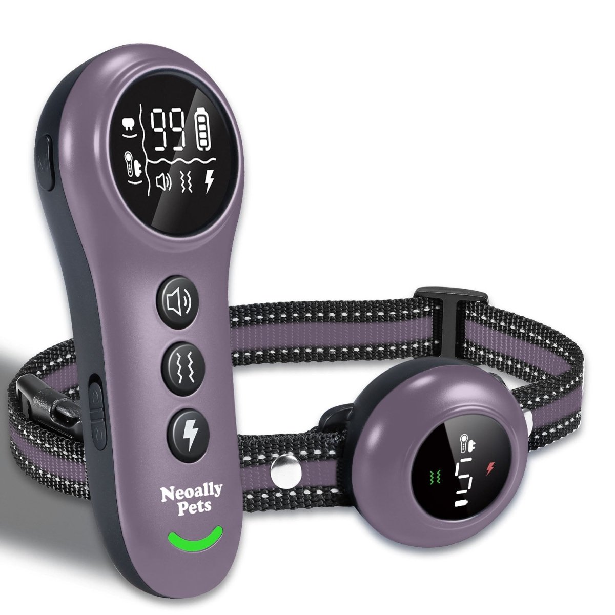 Dog training collar remote and receiver with adjustable woven strap, purple