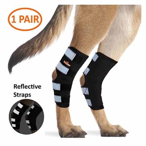 Black rear leg hock brace with four white reflective strap panels, pair shown