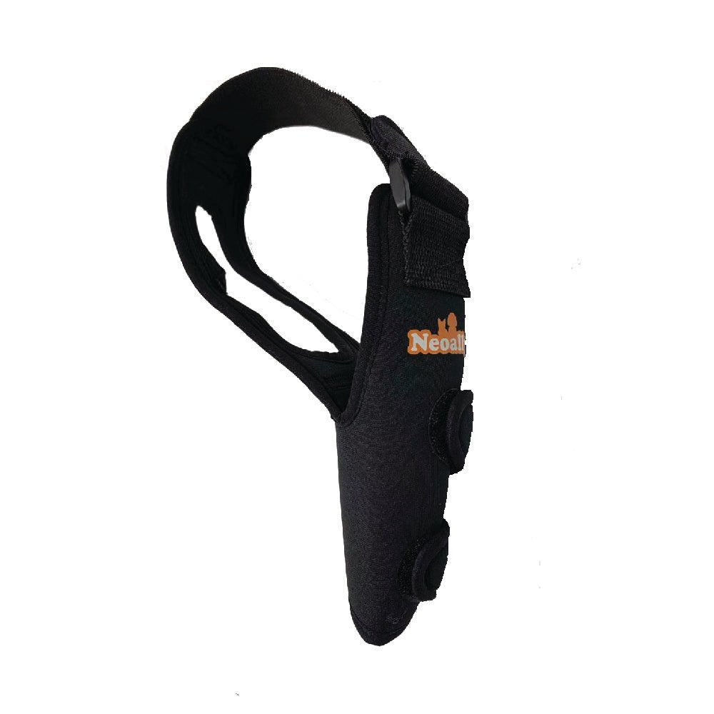 Black dog elbow brace with adjustable strap and Velcro closure detail