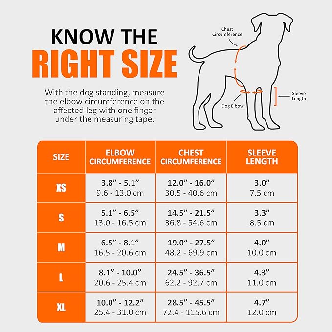 Dog elbow brace size chart with elbow, chest, and sleeve length measurements