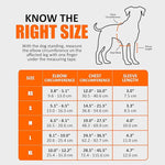 Dog elbow brace size chart with elbow, chest, and sleeve length measurements