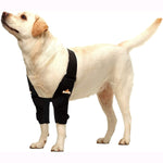 Dog elbow and shoulder support brace with two black padded sleeves on front legs