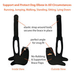 Dog elbow brace support diagram showing black brace and strap placement
