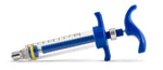 Blue nylon syringe with clear barrel, thumb handles, and metal dispensing tip