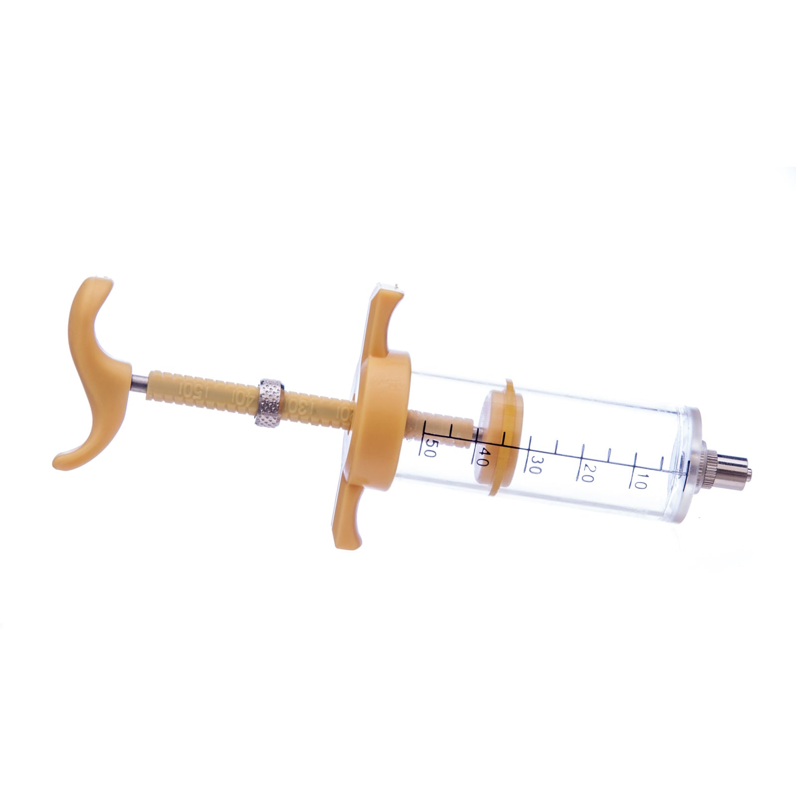 Tan nylon syringe with clear barrel and measurement marks, thumb handles