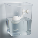 Aquarium float ball valve in clear water reservoir with white tubing and outlet