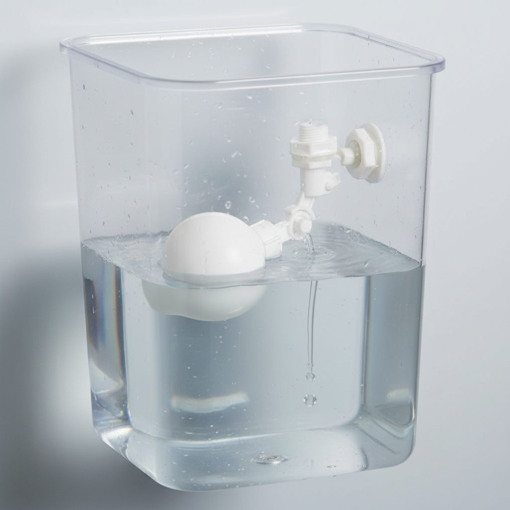 Aquarium float ball valve in clear water reservoir with white tubing and outlet