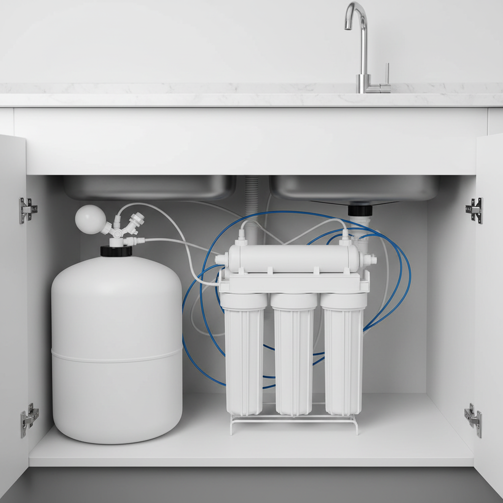 Float ball valve assembly with white manifold and hoses inside open cabinet