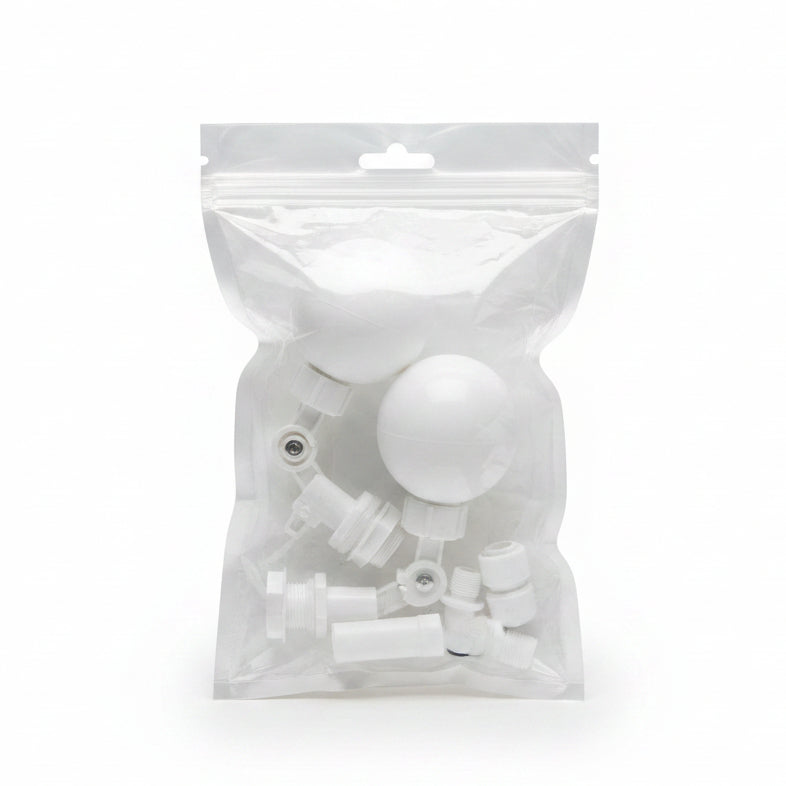 Bagged float ball valve kit with white valve pieces and ball float
