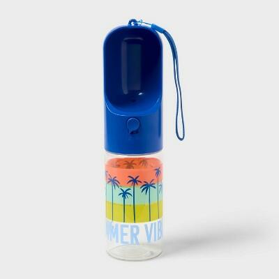 Dog water bottle 14 fl oz: blue flip spout, palm pattern