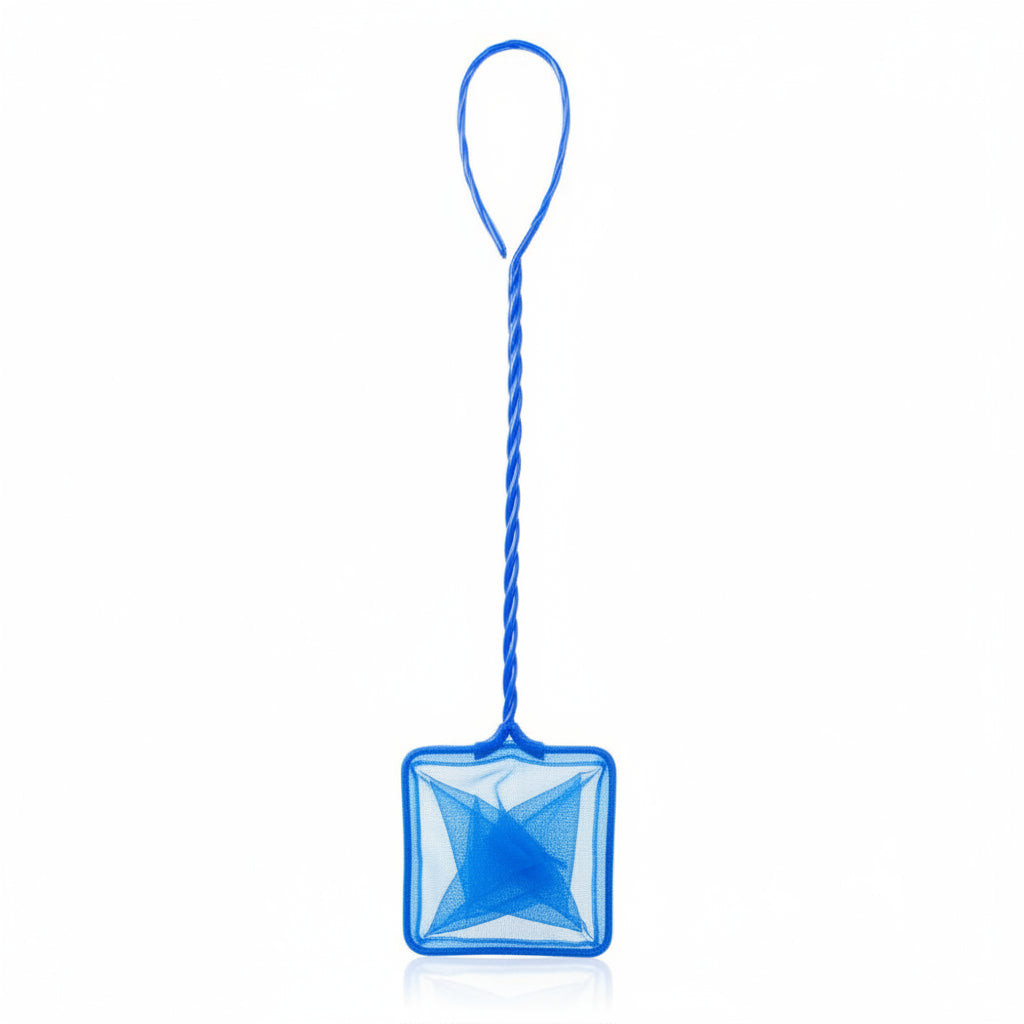 Blue aquarium fish net with square mesh and short handle loop