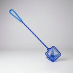 Blue fish net on long braided handle, square mesh opening