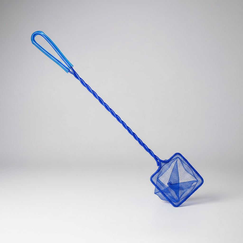 Blue fish net on long braided handle, square mesh opening