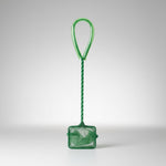 Green aquarium fish net with square mesh and teardrop handle loop