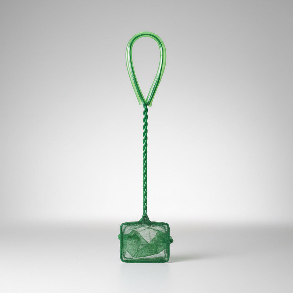 Green aquarium fish net with square mesh and teardrop handle loop
