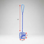 Blue aquarium fish net with size markers: 10 in handle, 1.75 in net