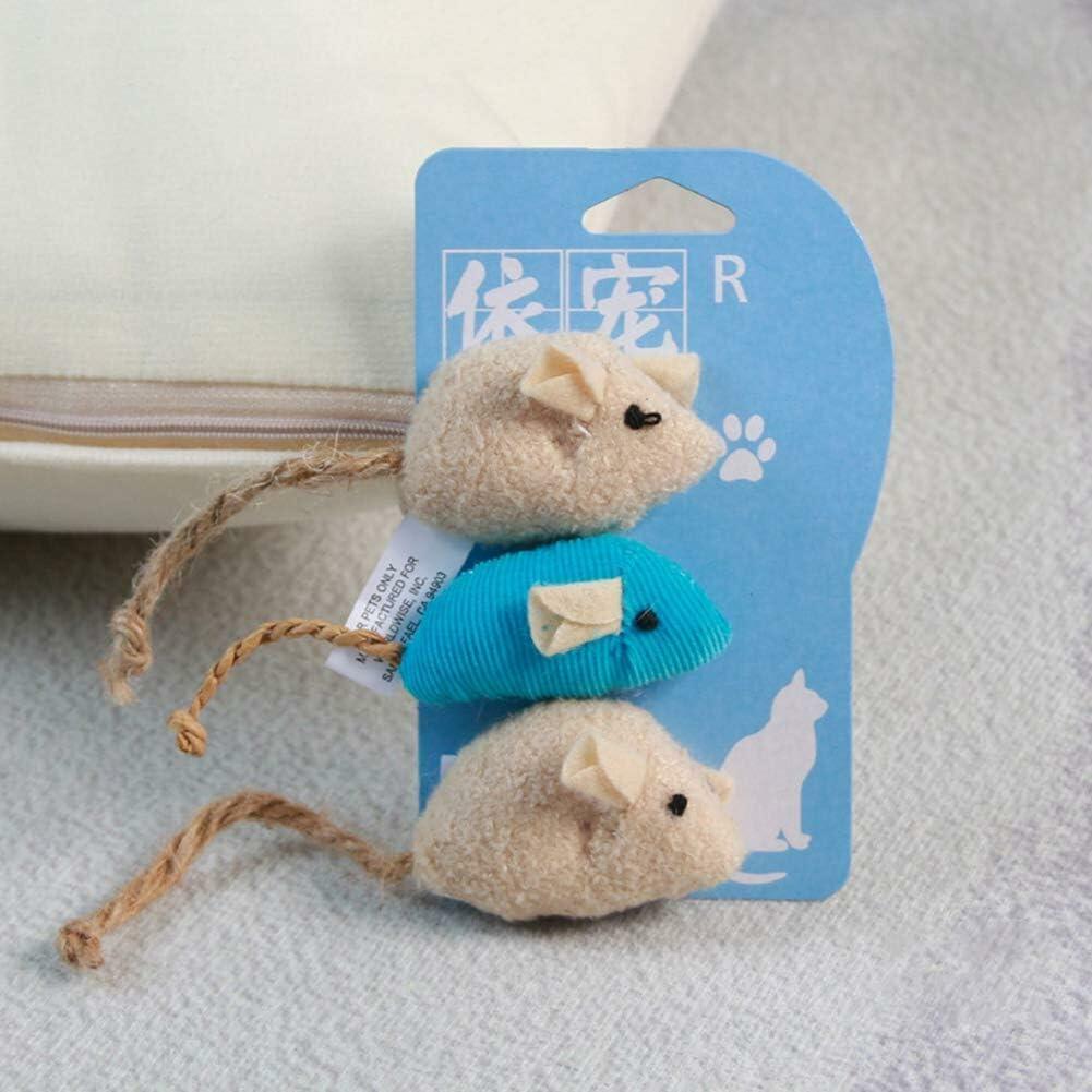 Plüschmäuse-Set: blaue Maus und zwei beige Mäuse mit Kordel, am Produkt-Kärtchen