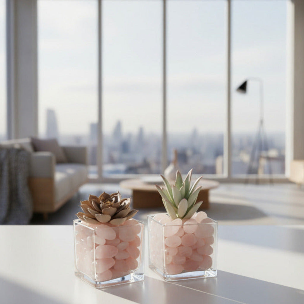 Rose quartz tumbled stones in clear square cubes, pale pink polished rocks