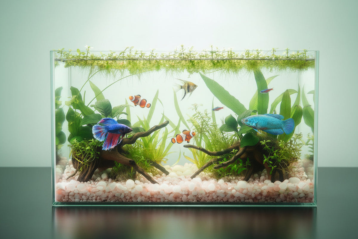 Aquarium tank with live plants and gravel, no rose quartz stones visible
