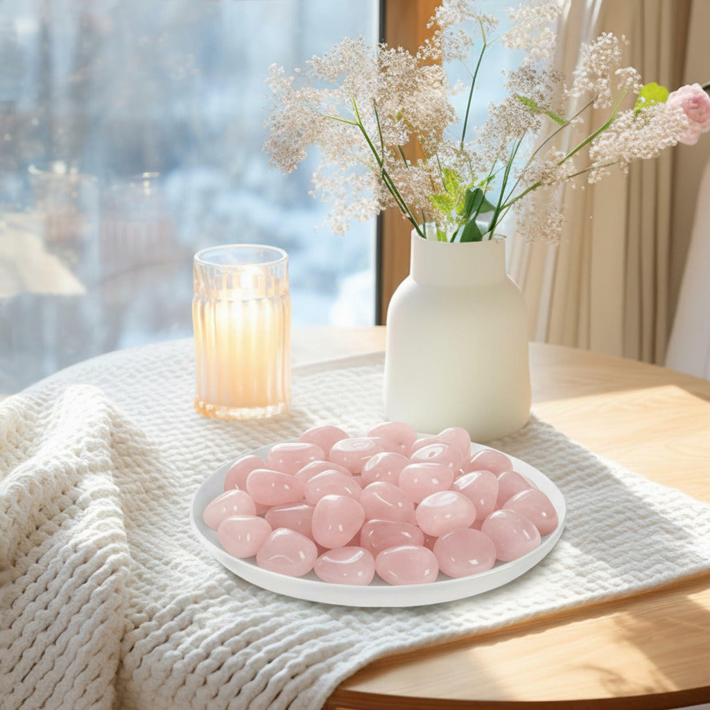 Rose quartz tumbled stones on a white plate, pale pink polished pebbles