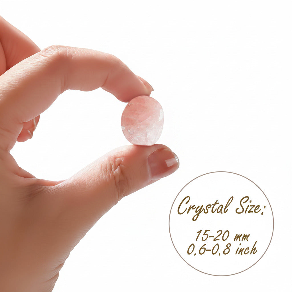 Rose quartz tumbled stone held between fingers; size 15–20 mm shown