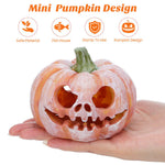Mini pumpkin resin fish hideout, carved face cutouts and green stem on hand
