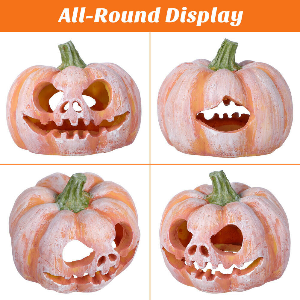 Set of pumpkin resin fish hideout views, carved jack-o-lantern face and green stem