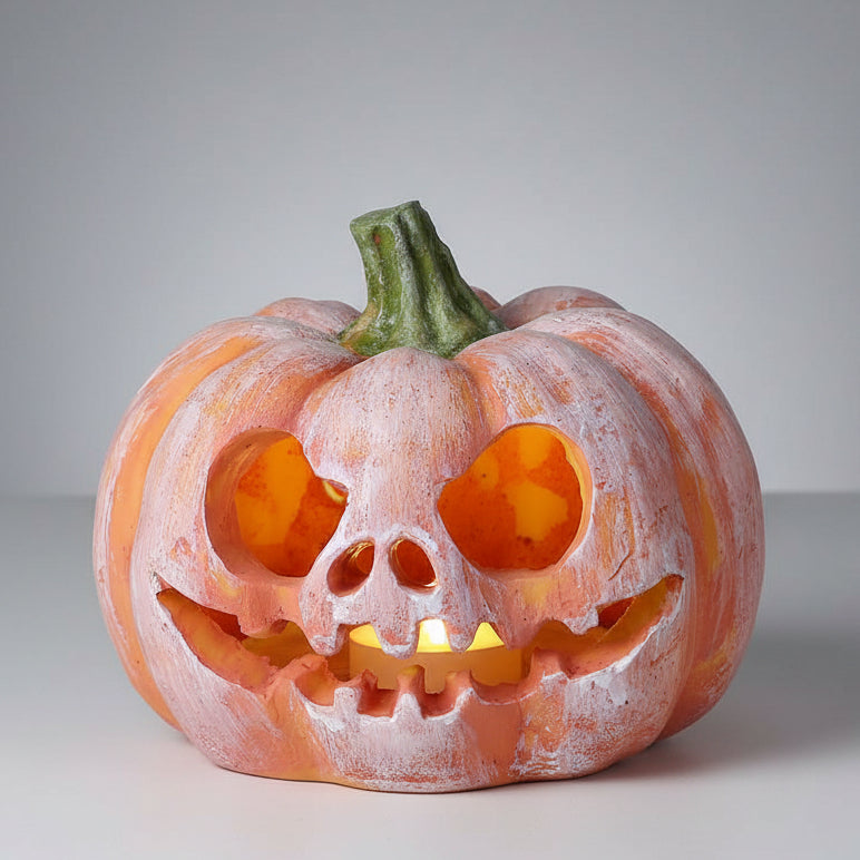 Peach pumpkin resin fish shelter with carved face openings and green stem
