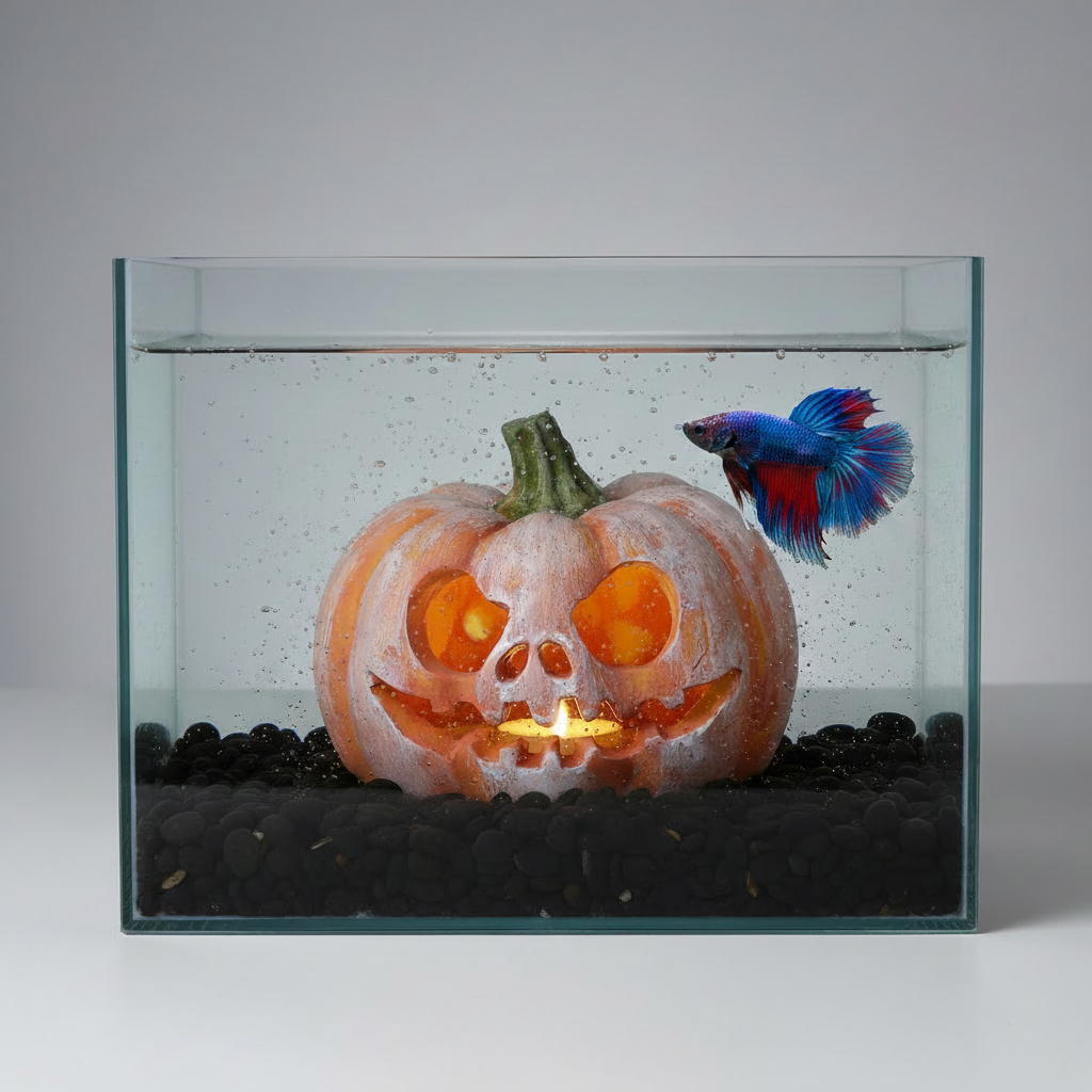 Pumpkin resin aquarium hideout, carved jack-o-lantern face and green stem