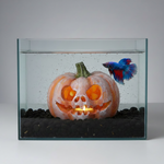 Pumpkin resin aquarium hideout, carved jack-o-lantern face and green stem