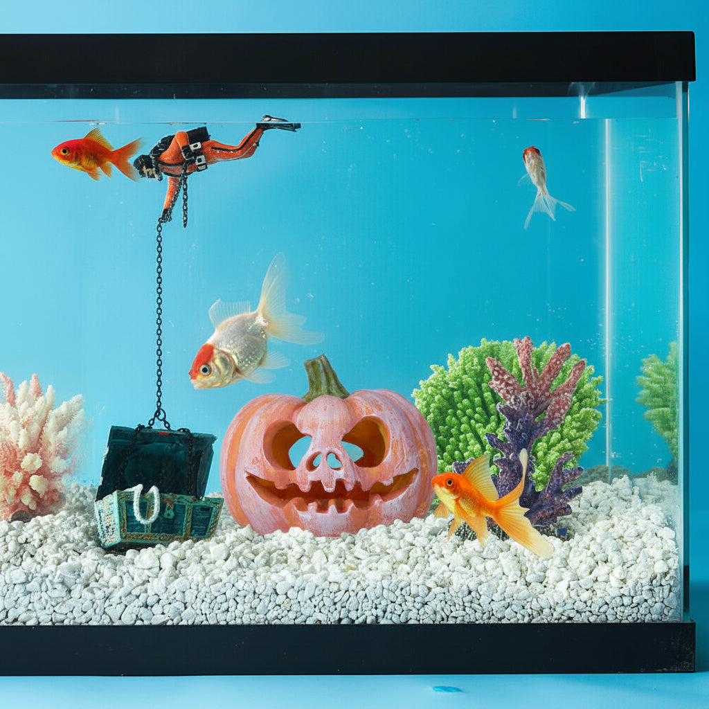 Pumpkin resin fish hideout in aquarium, carved jack-o-lantern face with green stem