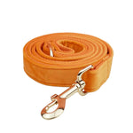 Orange velvet dog leash with matching loop handle and silver-tone clips