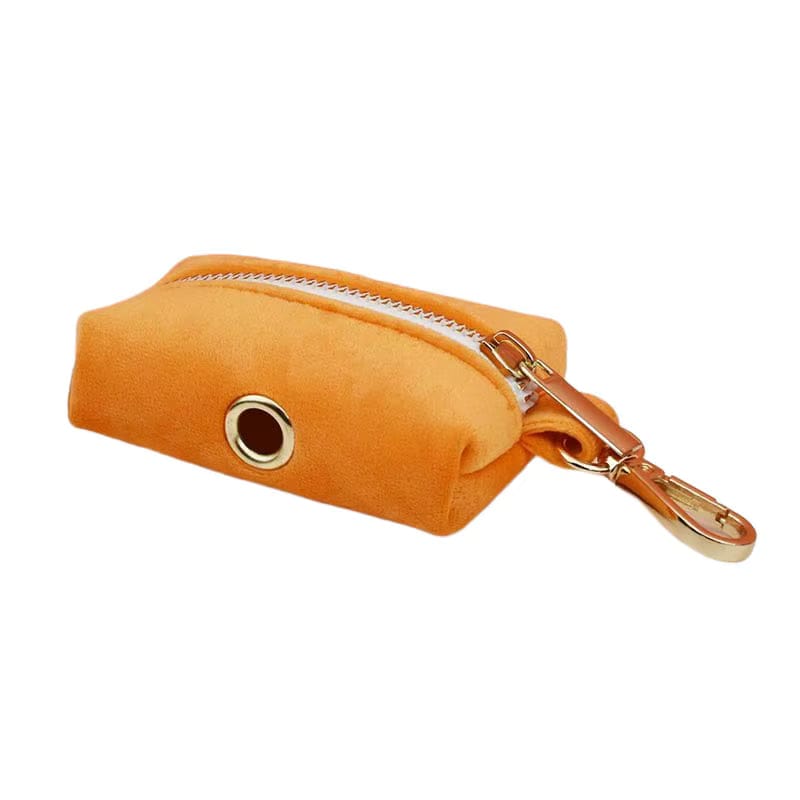 Orange velvet poop bag holder with zipper and carabiner clip