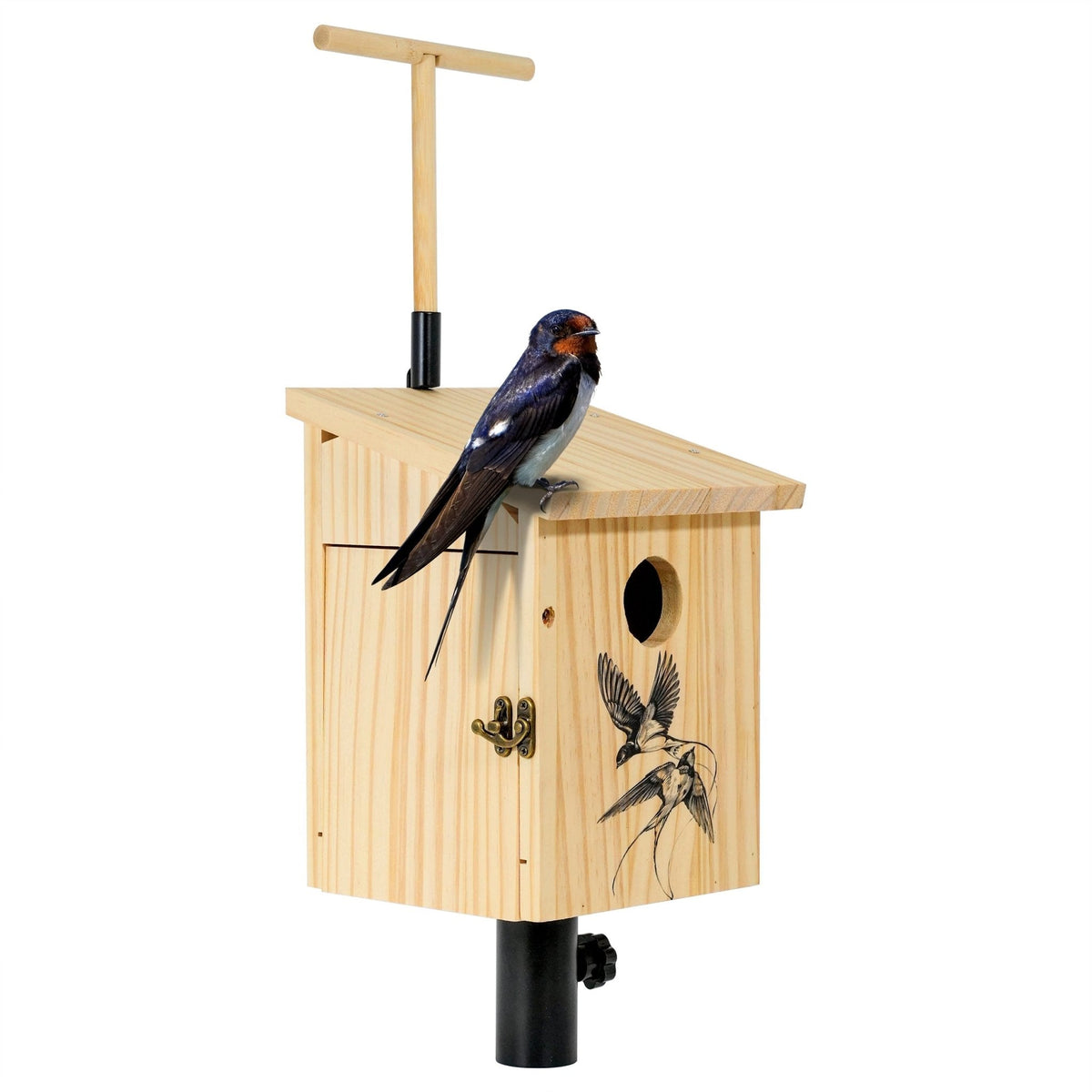 Outdoor tree swallow bird house, light wood sides, round entrance hole, black mounting post.