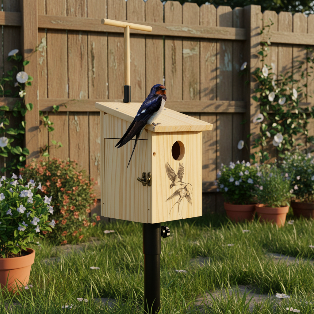 Outdoor wooden tree swallow birdhouse with circular entrance and latch door, black post