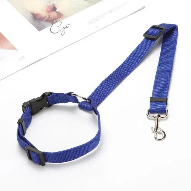 Blue pet car safety seat belt harness with adjustable strap and metal clip