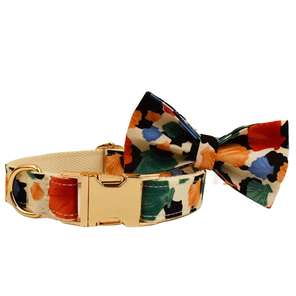 Floral dog collar with matching bowtie and gold buckle