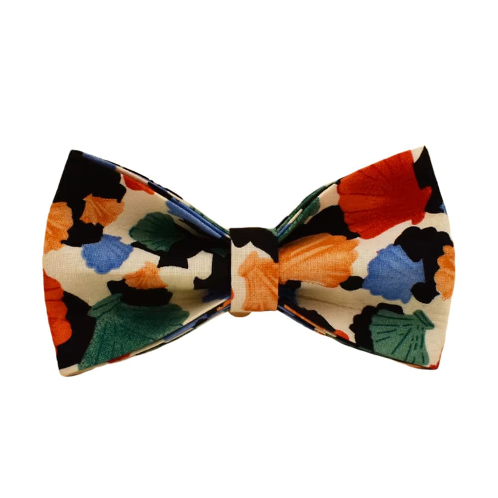 Floral bow tie for pets, beige base with orange leaf and blue accent prints