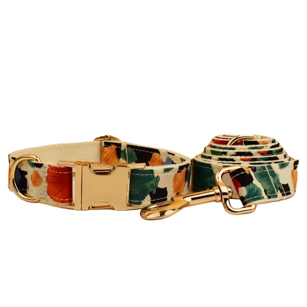 Matching floral pet collar and leash set with gold hardware, beige fabric with leaf print