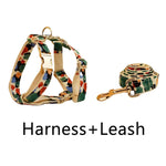 Floral pet harness and leash with gold hardware, beige straps with orange, green, and blue prints