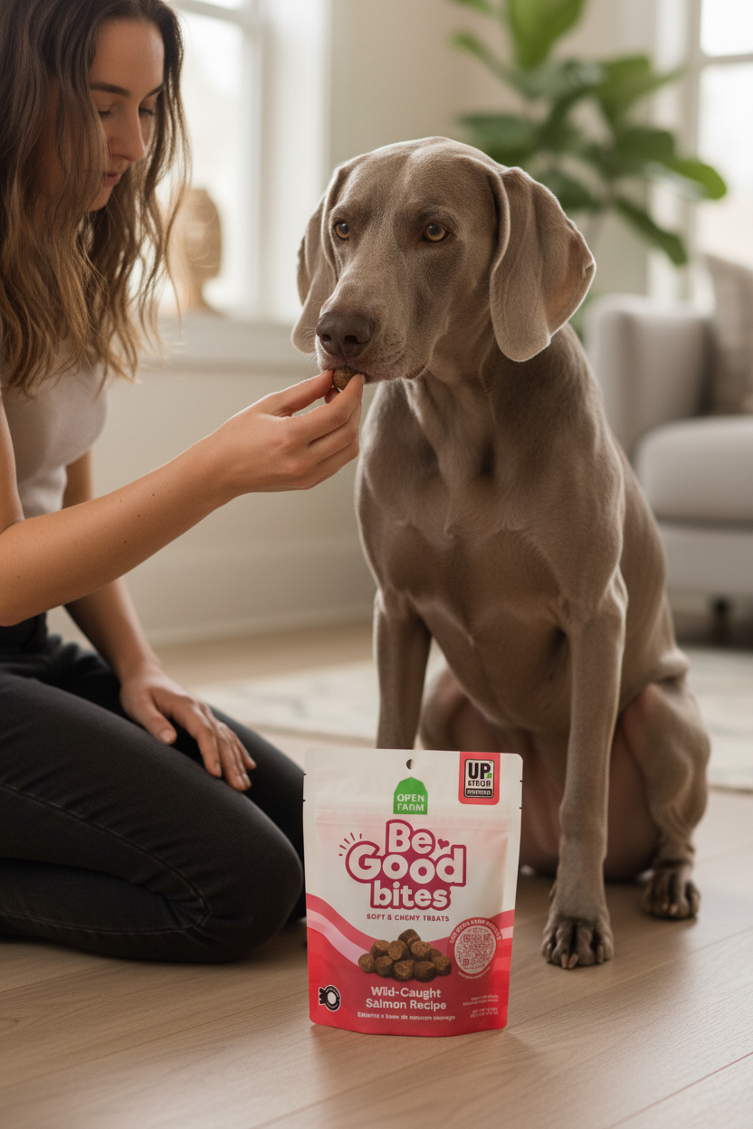 Pink bag of soft & chewy salmon dog treats