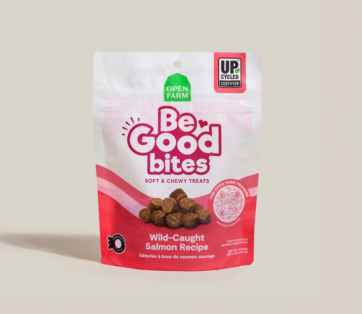 Open Farm Be Good bites salmon dog treat bag with visible kibble, 6 oz