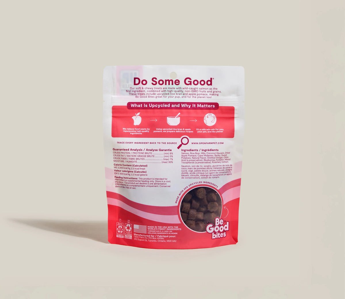 Open Farm Be Good bites salmon dog treat bag with ingredient and feeding info, 6 oz