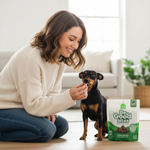 Turkey dog treat pouch with green label beside standing black-and-tan dog