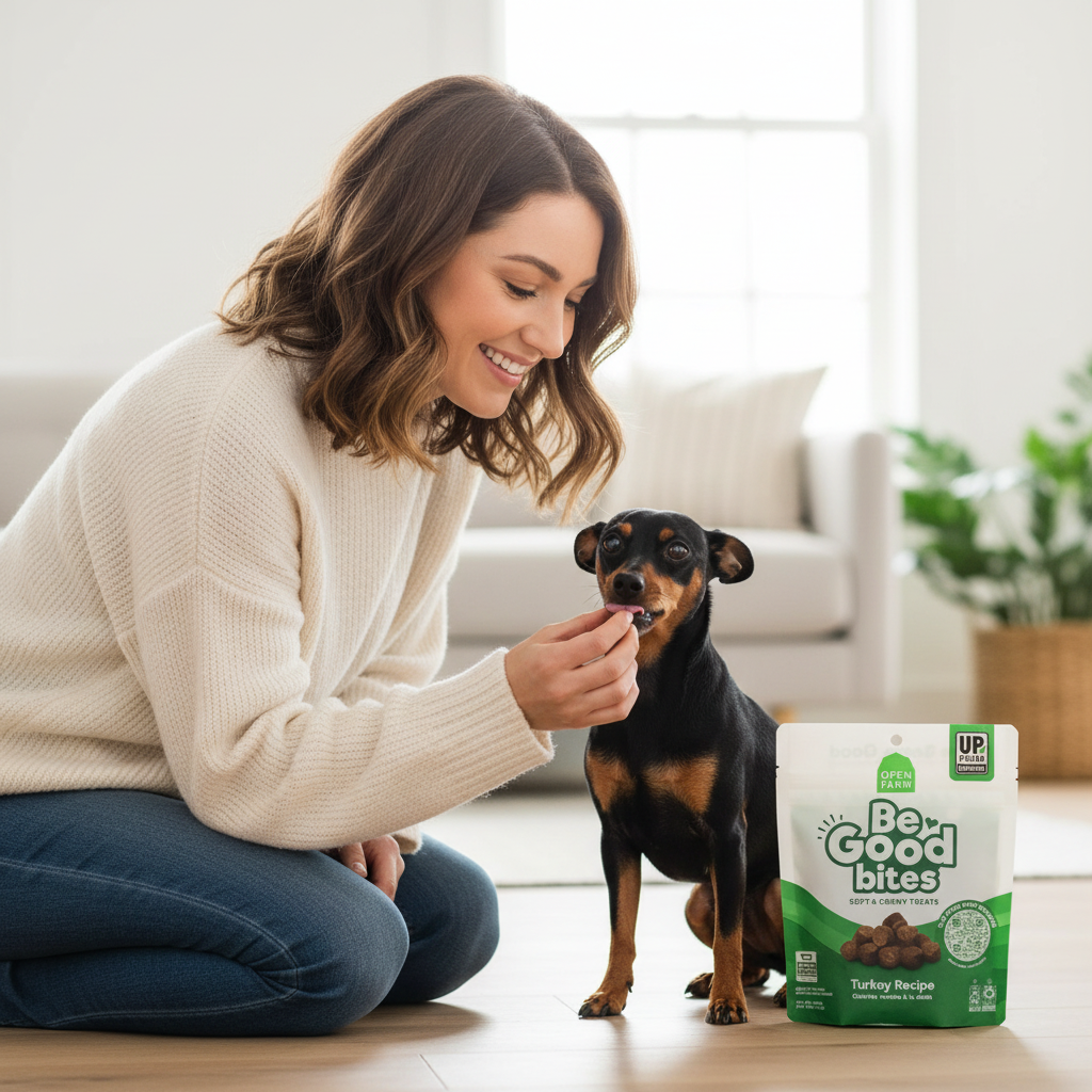 Turkey dog treat pouch with green label beside standing black-and-tan dog