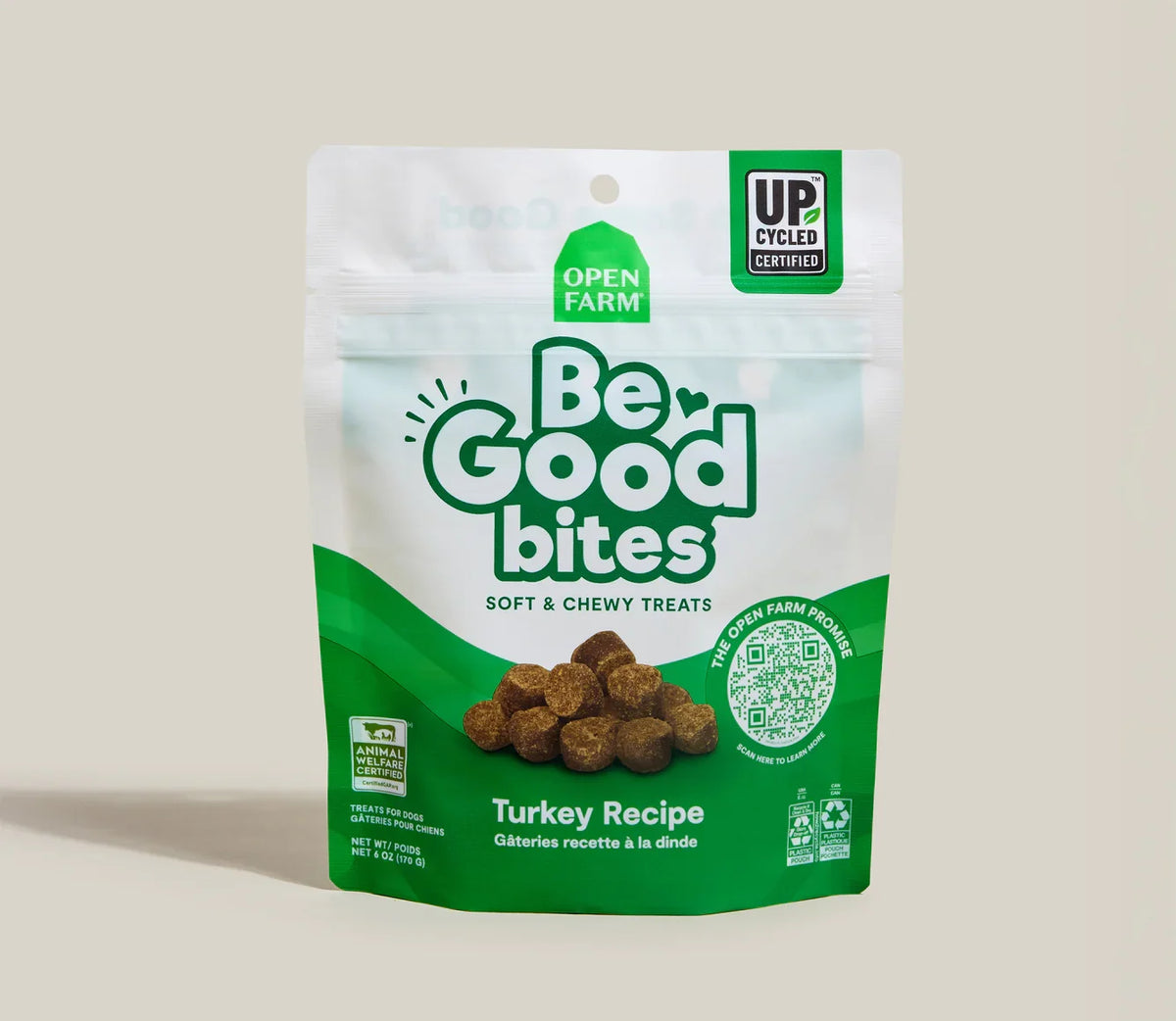 Open Farm Be Good bites dog treat bag, Turkey Recipe, soft chewy treats (front view)
